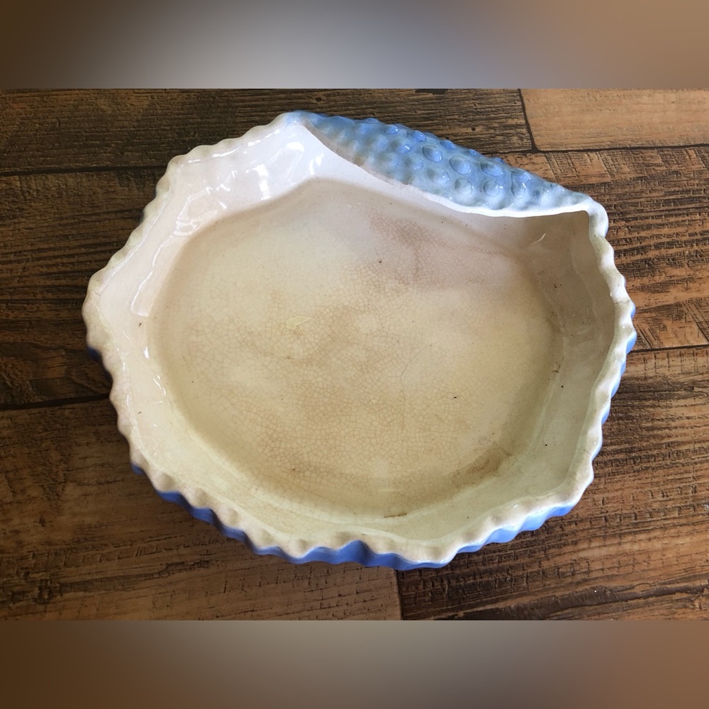 Vintage Blue Handmade Pottery Dish Textured Glazed Shell Shape, Trinkets Coin